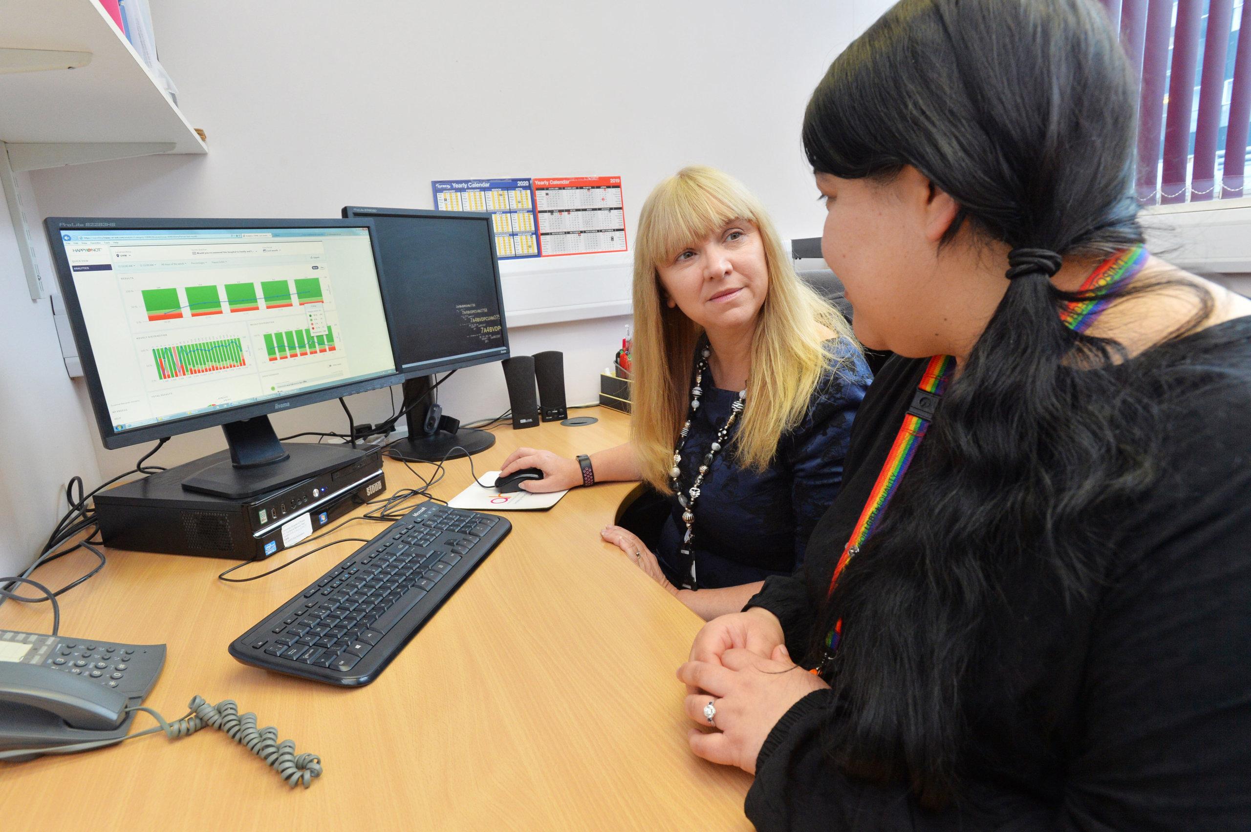 HappyOrNot Customer Story Cardiff and Vale University Health Board staff looking at HappyOrNot Reporting Service