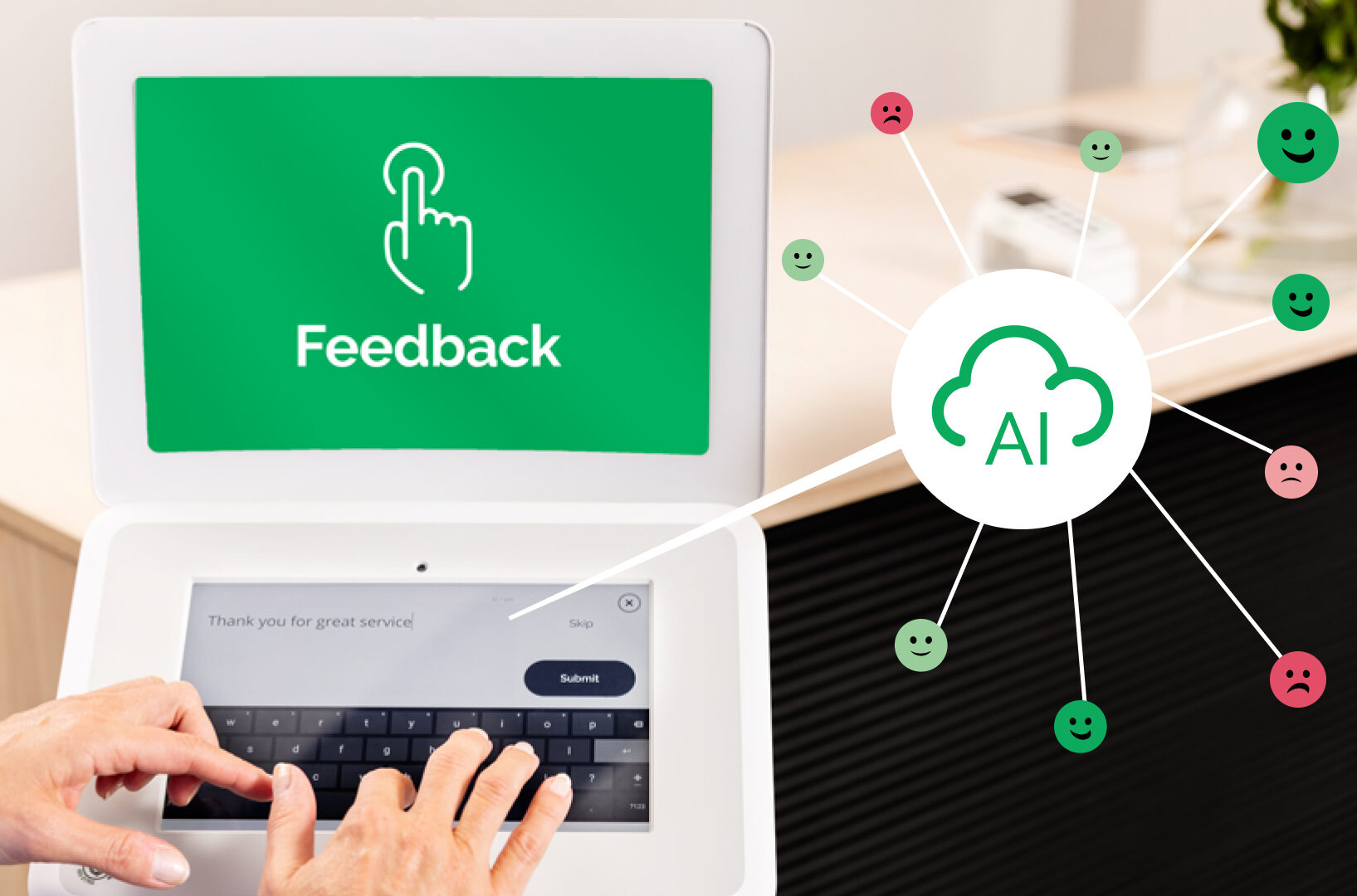 Customer leaving open comment feedback on HappyOrNot Smiley Touch kiosk with AI Analytics